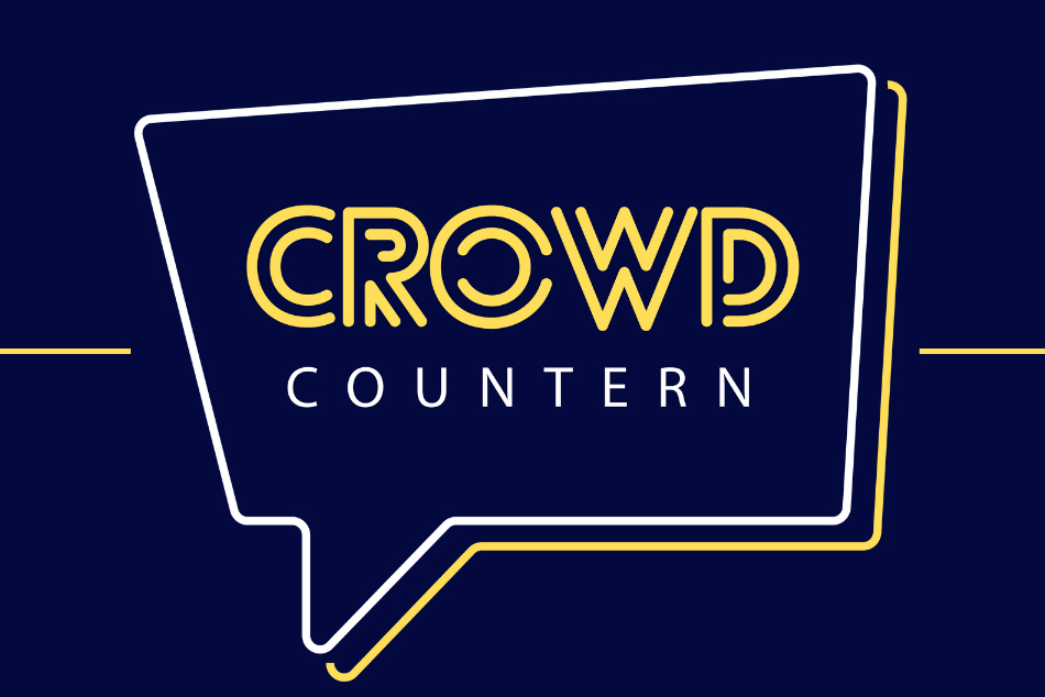 Das Bild zeigt das Logo von Crowd Countern. Eine weiß gelbe Sprechblase mit der Innenschrift "Crowd Countern" auf blauem Grund.